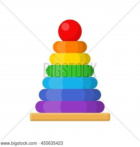 Children Pyramid Toy Icon Isolated On White Background. Baby Ring Pyramid, Rainbow Colored Circles S