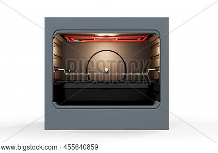 An Open Empty Household Kitchen Oven With A Brushed Metal Finish And Modern Illuminated Dials On An 