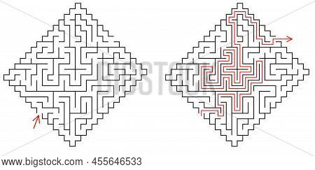Vector Rhombus Maze With Entry And Exit. Find The Way Through Labyrinth. Medium Level Difficulty Rid