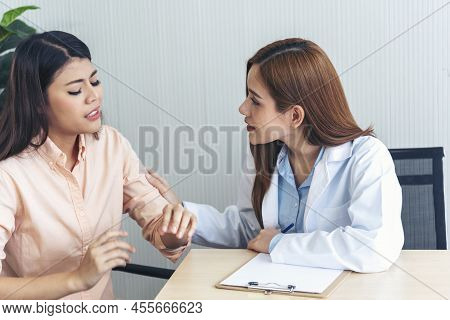 Woman Doctor Holding Hands Patient Encourage Cheer Up Consultation At Hospital Medicare Treatment Cl