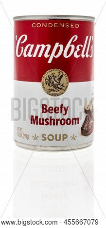 Winneconne, Wi -23 April 2022: A Can Of Campbells Beefy Mushroom Condensed Soup On An Isolated Backg