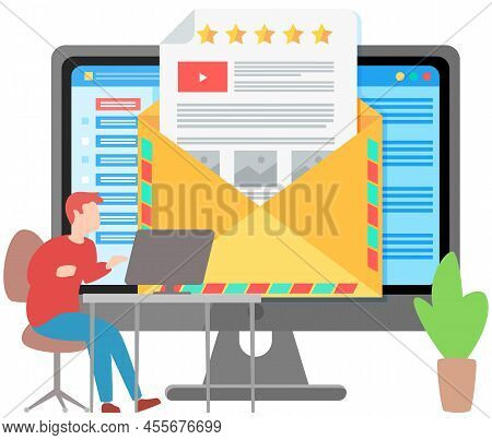 Business Email On Monitor. Man Receives Message Letter With Star Rating System. Envelope Icon, Mail 