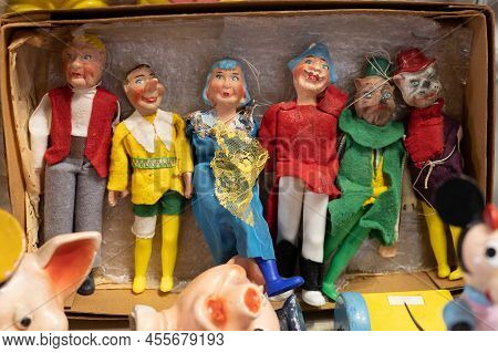 Parma, Italy - March 2022: Plastic And Fabric Puppets: Figures Representing The Story Of Pinocchio B