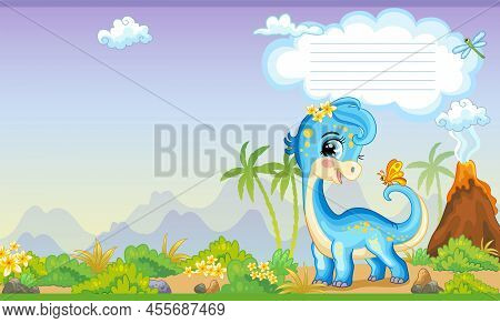 Colorful Cover Design With Cute Dinosaur Diplodocus In Nature. Children Cartoon Background. Vector I