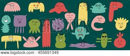 Cartoon Cute And Funny Faces With Positive And Negative Emotions. Comic Monster Characters With Eyes