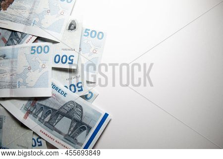 Money Of Denmark. Danish Kroner Bills. Dkk Banknotes. 500 Kroner. Business, Finance, News Background