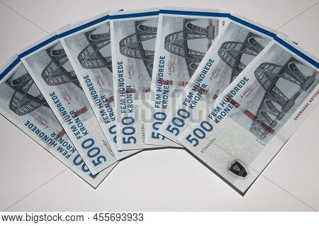 Money Of Denmark. Danish Kroner Bills. Dkk Banknotes. 500 Kroner. Business, Finance, News Background