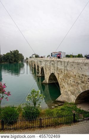 14 May 2022 Adana Turkey. Rock Bridge On Seyhan River At Adana Turkey On A Cloudy Day