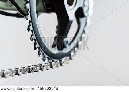 The Leading Star Of A Bicycle With A Connecting Rod And A Chain Close-up