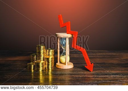 Money, Sandglass And Down Arrow. Decrease In Hourly Pay Wages. Save Savings From Inflation. Income F