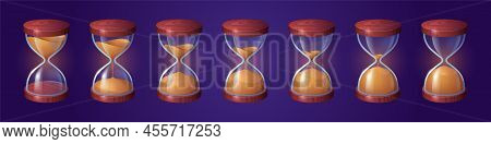 Hourglass Animation Sprite Sheet. Glass Clock With Falling Sand, Isolated Sandglass Sequence Frame F
