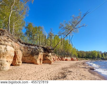 Veczemju Klintis, Veczemju Cliffs On Baltic Sea Near Tuja, Latvia. Beautiful Sea Shore With Limeston