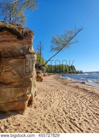 Veczemju Klintis, Veczemju Cliffs On Baltic Sea Near Tuja, Latvia. Beautiful Sea Shore With Limeston
