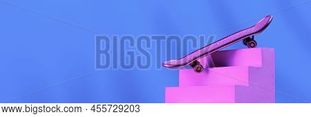 Skate In Pink On The Stairs, As A Symbol Of Extreme Sports, Skateboarding, Parkour, Roller Skates On