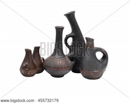 Set Of Old Clay Georgian Jugs Isolated On White Background With Clopping Path