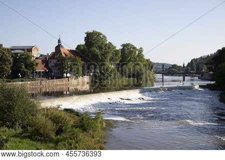Hameln, Lower Saxony, Germany, 09 03 2021, View On Weser River In Hameln, City In The Background