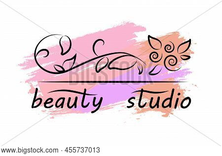 Beauty Studio. Black Letters Handwritten Logo On A Pink Innuendo Pastel Background With Floral Eleme
