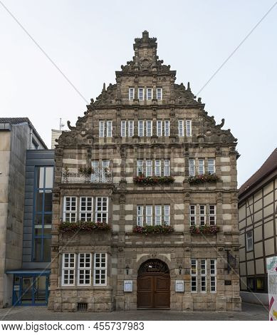 Hameln, Lower Saxony, Germany, 09 05 2021, Old Town Street With Half-timbered Houses. Cobblestones A