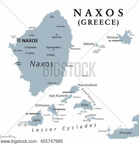 Naxos And Lesser Cyclades, Greek Islands, Gray Political Map. Island Group In The Aegean Sea, Part O