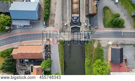 Rijkevorsel, Belgium, 25th Of May, 2022, Aerial Drone View Of Cargo Boat In Canal Lock, Landscape Of