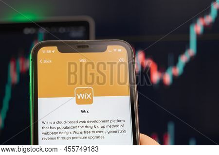 Wix Stock Price Uptrend With Graphs On The Background. Man Hands Holding A Smartphone With Logo On T