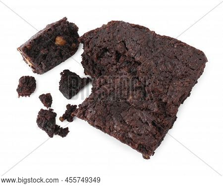 Delicious Chocolate Brownie With Nuts On White Background, Top View