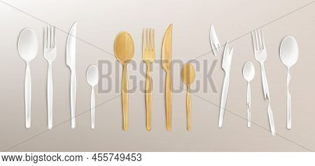 3d Cutlery Wood And Broken Plastic, Disposable Fork, Spoon And Knife. Isolated Bamboo Biodegradable 