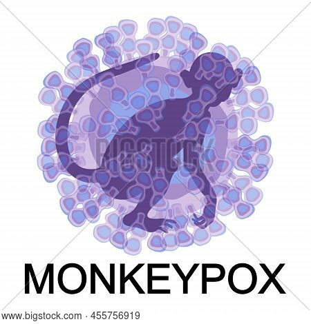 Monkeypox Virus Cell With Monkey Silhouette And Text On White Background. Virus Disease Concept. Mic