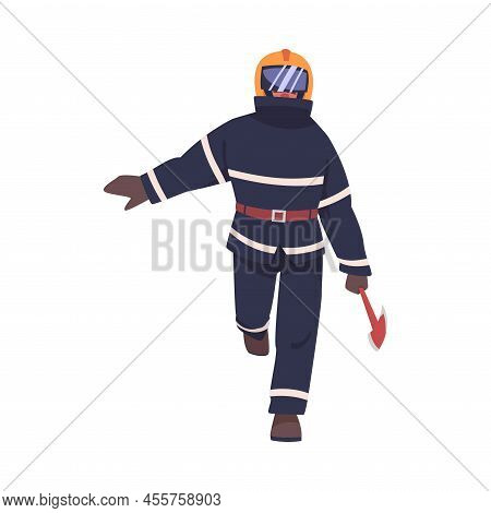 Firefighter Character In Fireproof Uniform And Helmet Walking With Axe Vector Illustration