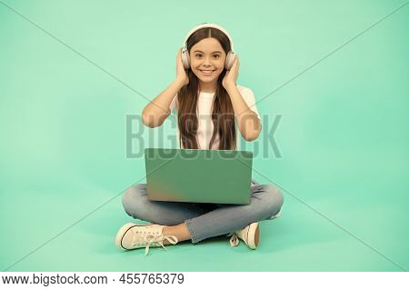 Back To School. Teen Influencer Blogging. Happy Girl In Headphones. Webinar In Wireless Headset