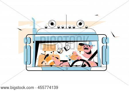 Man Driver Ride Truck Vector Illustration. Male Eating Cheeseburger And Drink In Car Flat Style. Tra