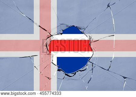 Flag Of Iceland On A On Glass Breakage.