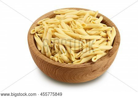 Typical Calabrian Pasta Called Maccheroncini Or Maccheroni In Wooden Bowl Isolated On White Backgrou