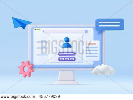 3d Computer And Account Login And Password Form Page On Screen. Sign In To Account, User Authorizati