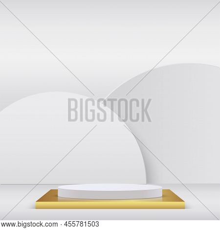 Abstract Studio Room With White And Golden Color Pedestal Podium. Vector