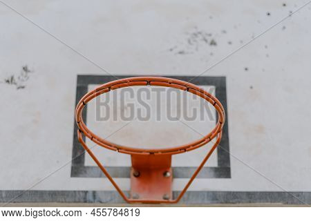 Old Basketball Basket On A Court. Sport