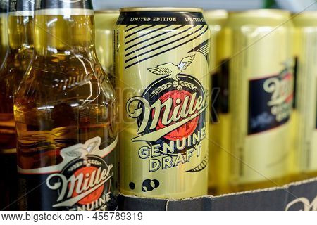 Tyumen, Russia-may 08, 2022: Miller Alcoholic Beer On The Shelf In A Superstore. Selective Focus