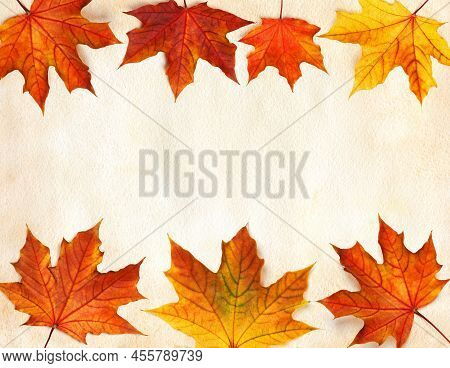Miscellaneous Orange And Yellow Fall Maple Leaves Forming A Frame On A Ventage Colored Watercolor Pa