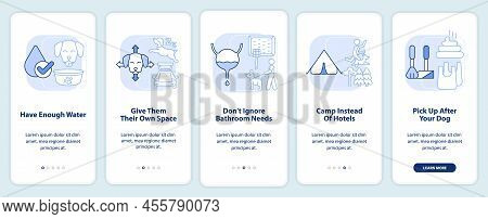Road Trip With Pets Advice Light Blue Onboarding Mobile App Screen. Walkthrough 5 Steps Editable Gra
