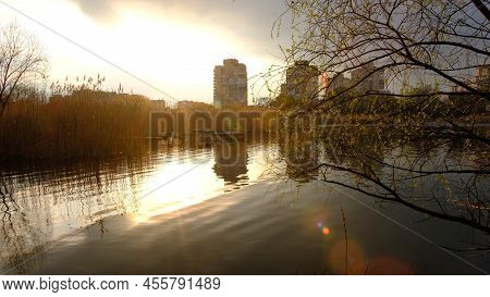 Beautifull Aerial View To The Sumy. Water Landscape With City In Sunny Summer Day.