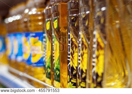 Bottled Vegetable And Sunflower Oil On The Supermarket Shelf, Moscow 20 Mar 2022