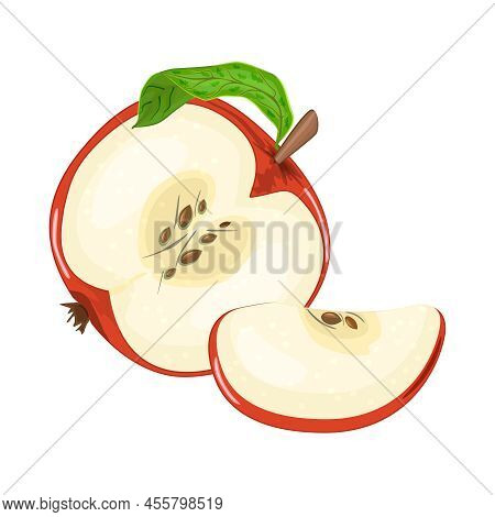 Half And Slice Of Apple Isolated On White Background. Label With Cut Red Apple. Sliced Apple With Gr