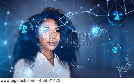 Beautiful African American Woman, Eye With Digital Biometric Verification. Face Detection Hud And Sc