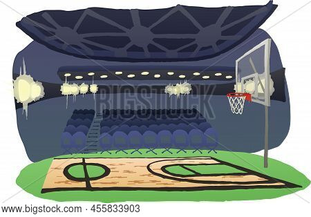 Illustration Of A Basketball Hall. Bleachers, Floodlights, Basketball Shield With A Ring, Eps Ready 