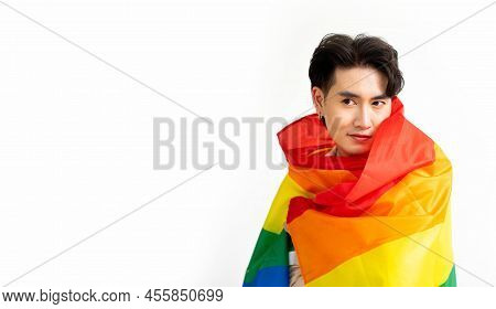 Smiling Transgender Man With Pride Flag Isolated On White Background With Copy Space. People Lifesty