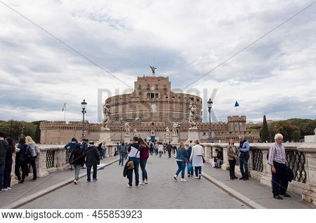 Rome, Italy - May 01, 2018: Castel Santangelo Roman Architecture Seen From Aelian Bridge.