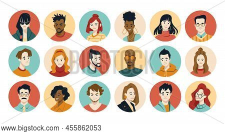 People Face Avatars. User Portrait Of Business Team, Diverse Character Of Different Man And Woman. Y