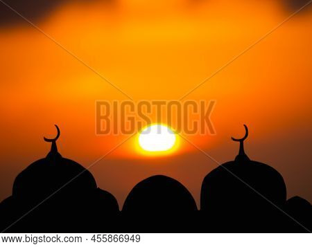 Ramadan, Eid Ai-fitr,new Year Muharram Islamic Religion Symbols With Moon Silhouette On Blur Dark Re