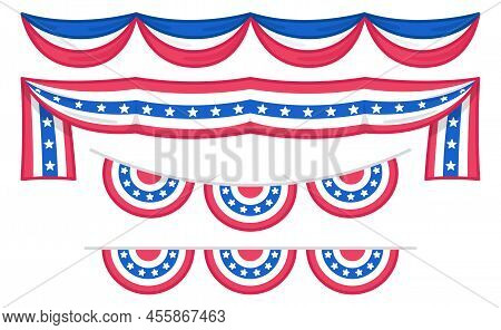 Stage Decoration With Flag Silk Velvet Curtains Or Draperies In Celebration Of American Independence