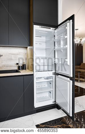 Contemporary Fridge With Open Doors In Apartment Studio